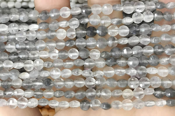 CCB533 15.5 inches 4mm faceted coin cloudy quartz beads