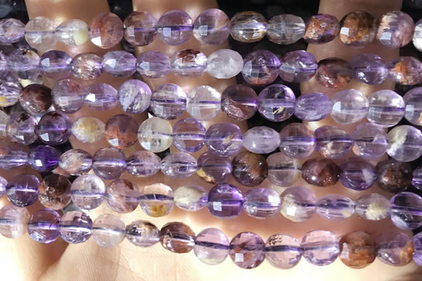 CCB603 15.5 inches 6mm faceted coin purple phantom quartz beads