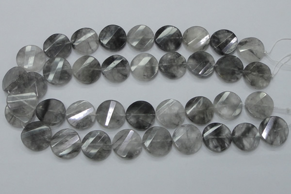 CCQ143 15.5 inches 20mm faceted & twisted coin cloudy quartz beads