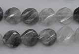 CCQ272 15.5 inches 12mm faceted & twisted coin cloudy quartz beads