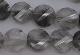 CCQ273 15.5 inches 15mm faceted & twisted coin cloudy quartz beads