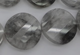 CCQ275 15.5 inches 25mm faceted & twisted coin cloudy quartz beads