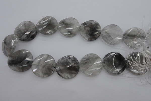 CCQ276 15.5 inches 30mm faceted & twisted coin cloudy quartz beads