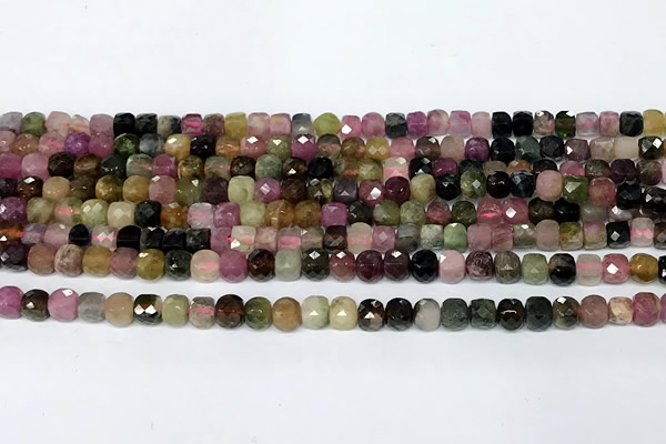 CCU1022 15 inches 4mm faceted cube tourmaline beads