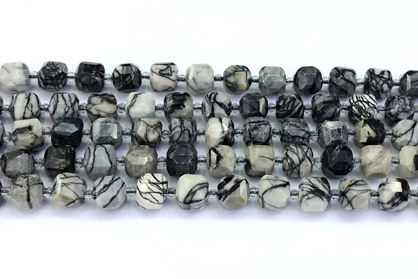 CCU1289 15 inches 9mm - 10mm faceted cube black water jasper beads