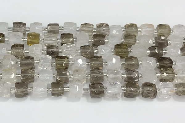 CCU751 15 inches 8*8mm faceted cube white crystal & smoky quartz beads