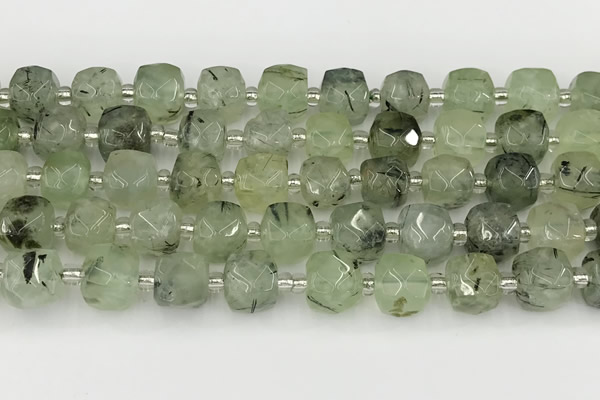 CCU776 15 inches 10*10mm faceted cube green rutilated quartz beads