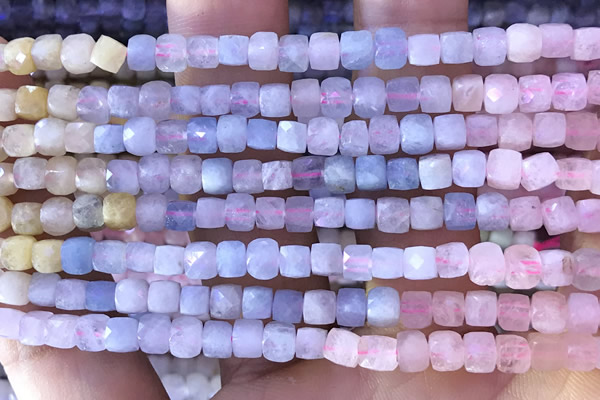 CCU805 15 inches 4mm faceted cube morganite beads