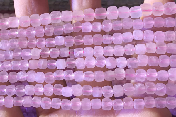 CCU806 15 inches 4mm faceted cube rose quartz beads