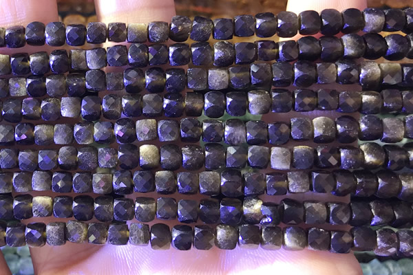 CCU814 15 inches 4mm faceted cube obsidian beads