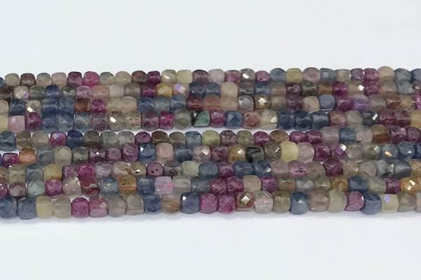 CCU841 15 inches 4mm faceted cube ruby sapphire beads