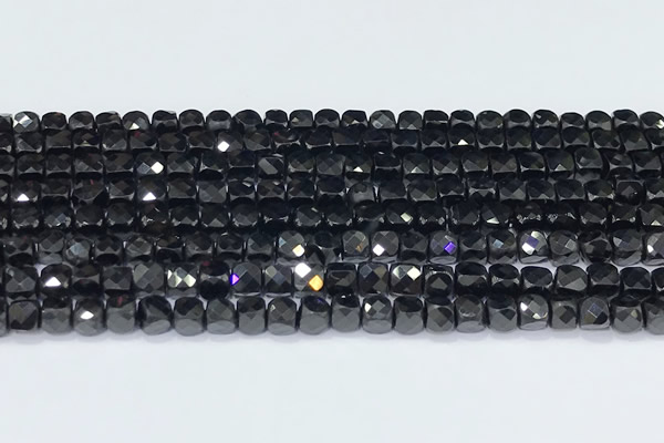 CCU855 15 inches 4mm faceted cube black spinel beads