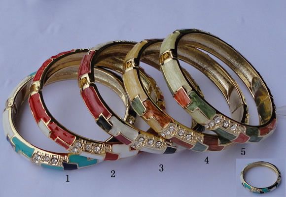 CEB08 5pcs 10mm width gold plated alloy with rhinestone & enamel bangles