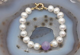 CFB1004 Hand-knotted 9mm - 10mm potato white freshwater pearl & lavender amethyst bracelet