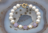 CFB1006 Hand-knotted 9mm - 10mm potato white freshwater pearl & lavender amethyst bracelet