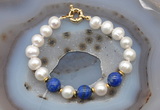 CFB1014 Hand-knotted 9mm - 10mm potato white freshwater pearl & lapis lazuli bracelet