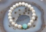 CFB1015 9mm - 10mm potato white freshwater pearl & amazonite stretchy bracelet