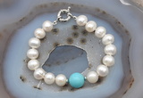 CFB1016 Hand-knotted 9mm - 10mm potato white freshwater pearl & blue howlite bracelet