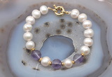 CFB1021 Hand-knotted 9mm - 10mm potato white freshwater pearl & amethyst bracelet