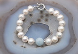 CFB1022 Hand-knotted 9mm - 10mm potato white freshwater pearl & aquamarine bracelet