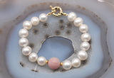 CFB1024 Hand-knotted 9mm - 10mm potato white freshwater pearl & pink opal bracelet