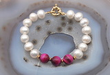 CFB1027 Hand-knotted 9mm - 10mm potato white freshwater pearl & red tiger eye bracelet