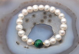 CFB1028 9mm - 10mm potato white freshwater pearl & green tiger eye stretchy bracelet