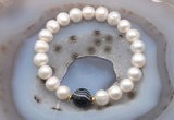 CFB1031 9mm - 10mm potato white freshwater pearl & black banded agate stretchy bracelet