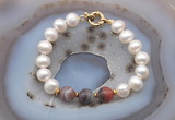 CFB1032 Hand-knotted 9mm - 10mm potato white freshwater pearl & botswana agate bracelet