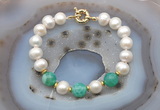 CFB1033 Hand-knotted 9mm - 10mm potato white freshwater pearl & peafowl agate bracelet