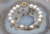 CFB1036 Hand-knotted 9mm - 10mm potato white freshwater pearl & grey banded agate bracelet