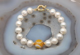 CFB1037 Hand-knotted 9mm - 10mm potato white freshwater pearl & yellow banded agate bracelet