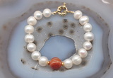 CFB1039 Hand-knotted 9mm - 10mm potato white freshwater pearl & red banded agate bracelet