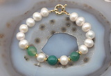 CFB1040 Hand-knotted 9mm - 10mm potato white freshwater pearl & green banded agate bracelet