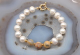 CFB1041 Hand-knotted 9mm - 10mm potato white freshwater pearl & yellow crazy agate bracelet