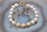 CFB1043 Hand-knotted 9mm - 10mm potato white freshwater pearl & white fossil jasper bracelet