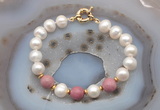 CFB1045 Hand-knotted 9mm - 10mm potato white freshwater pearl & pink wooden jasper bracelet