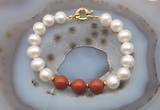 CFB1046 Hand-knotted 9mm - 10mm potato white freshwater pearl & red jasper bracelet