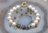 CFB1051 Hand-knotted 9mm - 10mm potato white freshwater pearl & dogtooth amethyst bracelet