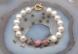 CFB1052 Hand-knotted 9mm - 10mm potato white freshwater pearl & rhodonite bracelet