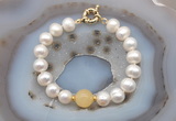 CFB1054 Hand-knotted 9mm - 10mm potato white freshwater pearl & honey jade bracelet