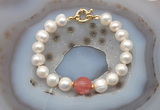 CFB1055 Hand-knotted 9mm - 10mm potato white freshwater pearl & cherry quartz bracelet