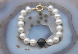 CFB1056 Hand-knotted 9mm - 10mm potato white freshwater pearl & golden obsidian bracelet