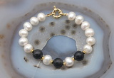 CFB1057 Hand-knotted 9mm - 10mm potato white freshwater pearl & black obsidian bracelet