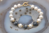 CFB1058 Hand-knotted 9mm - 10mm potato white freshwater pearl & snowflake obsidian bracelet