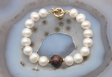 CFB1059 Hand-knotted 9mm - 10mm potato white freshwater pearl & mahogany obsidian bracelet