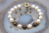 CFB1060 Hand-knotted 9mm - 10mm potato white freshwater pearl & bronzite bracelet