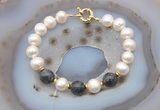 CFB1061 Hand-knotted 9mm - 10mm potato white freshwater pearl & black labradorite bracelet