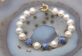 CFB1063 Hand-knotted 9mm - 10mm potato white freshwater pearl & blue spot stone bracelet