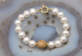 CFB1067 Hand-knotted 9mm - 10mm potato white freshwater pearl & picture jasper bracelet